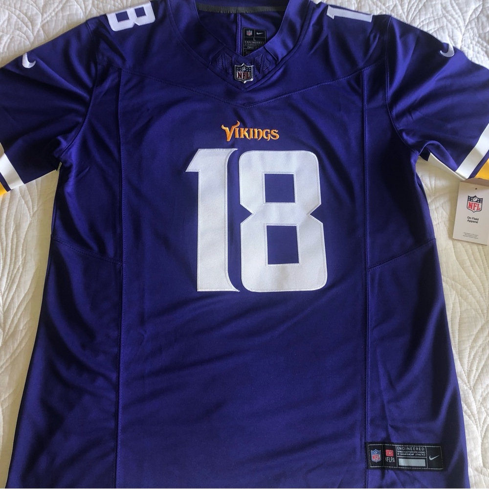 Justin Jefferson, Minnesota Vikings jersey, fully stitched.